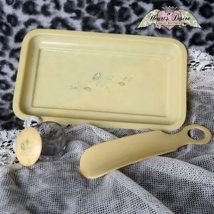 Antique Celluloid Rose Dresser Tray Jar & Shoehorn